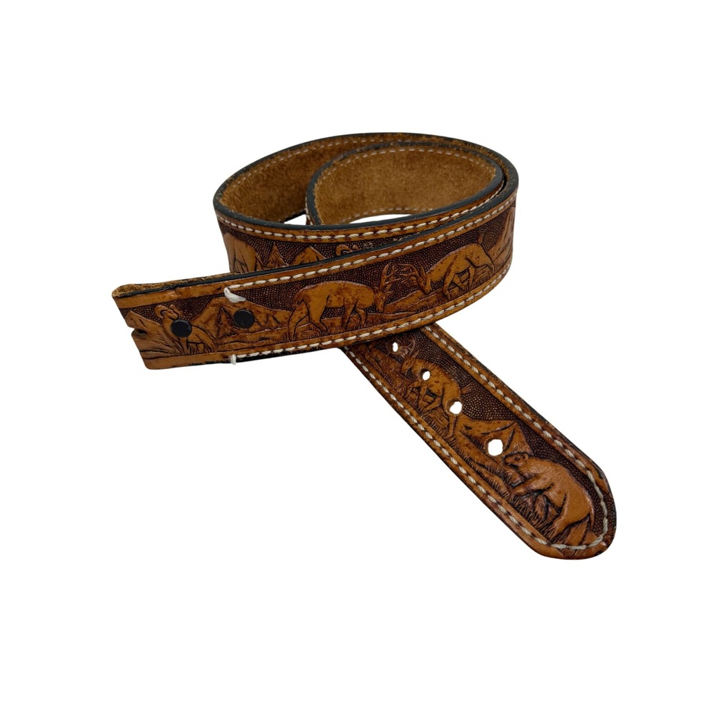 Unbranded Belt Mens 32 Brown Hand Tooled Leather Wildlife Nature Scene Buck Bear